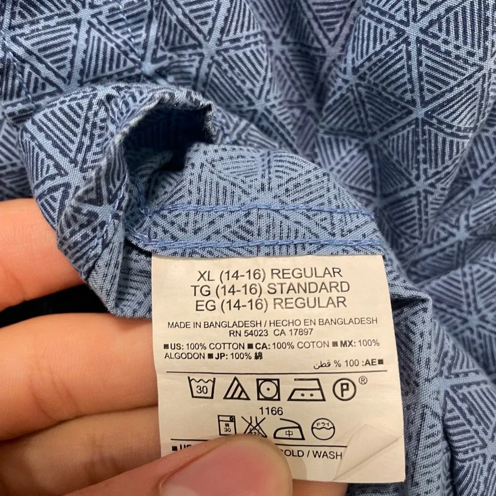 Old Navy Boys XL 14-16 Blue Geometric Triangle Print Button Down Shirt Short Slv
